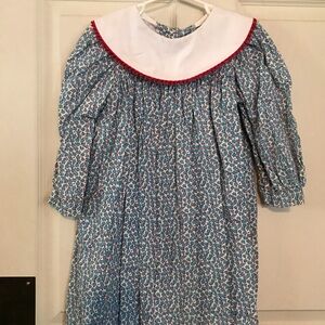 Vintage Blue Print 4T Dress with White & Red Lace collar